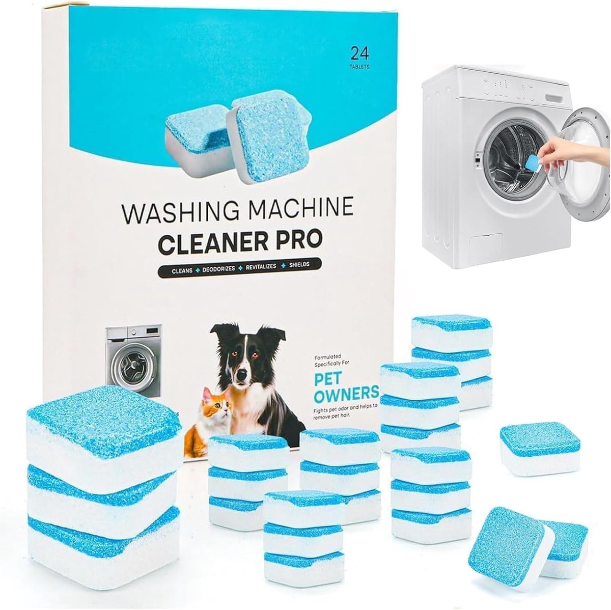 Krachtige reinigingstabletten voor wasmachines, speciaal voor huisdiereigenaren, tegen geuren en kalkaanslag, met dieptereinigingsformule.