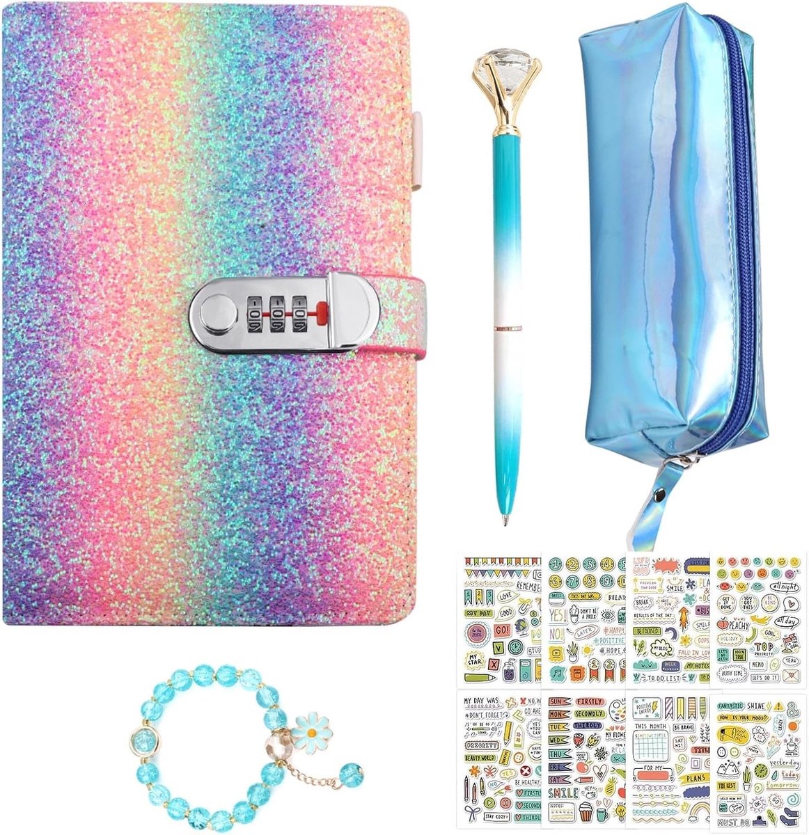 Dagboek voor Meisjes van 7 tot 14 Jaar met Code, Potloodetui, Armband en Zelfklevend Notitieboek