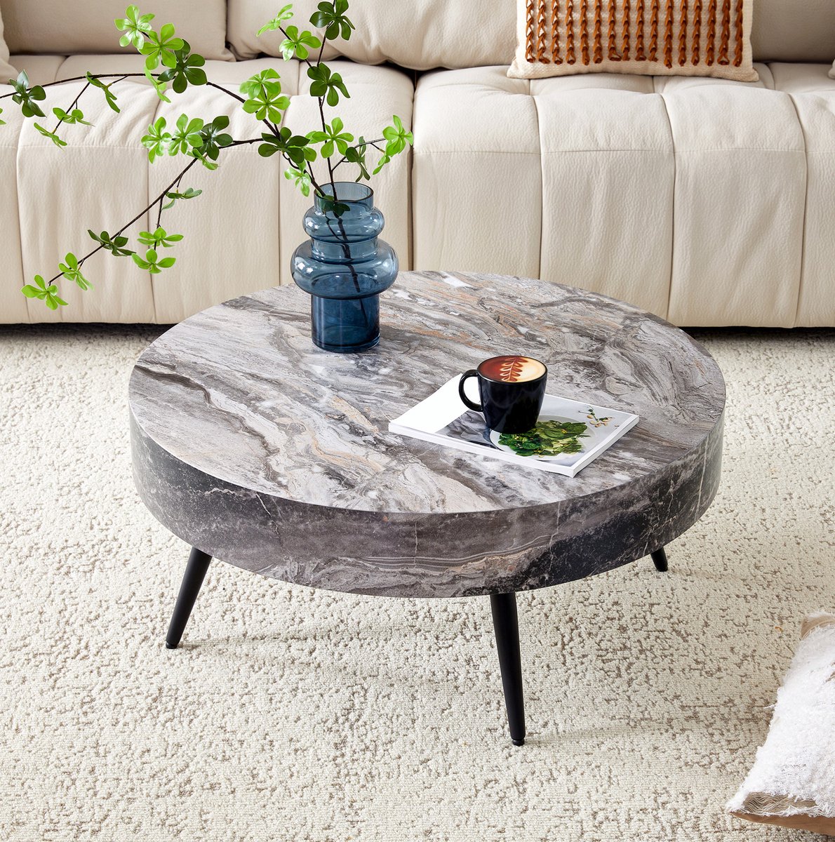 MEUNIQ Ronde salontafel Ø 70 cm met grijze marmerlook, MDF tafelblad, zwarte metalen poten en verstelbare antislipvoeten voor woonkamer