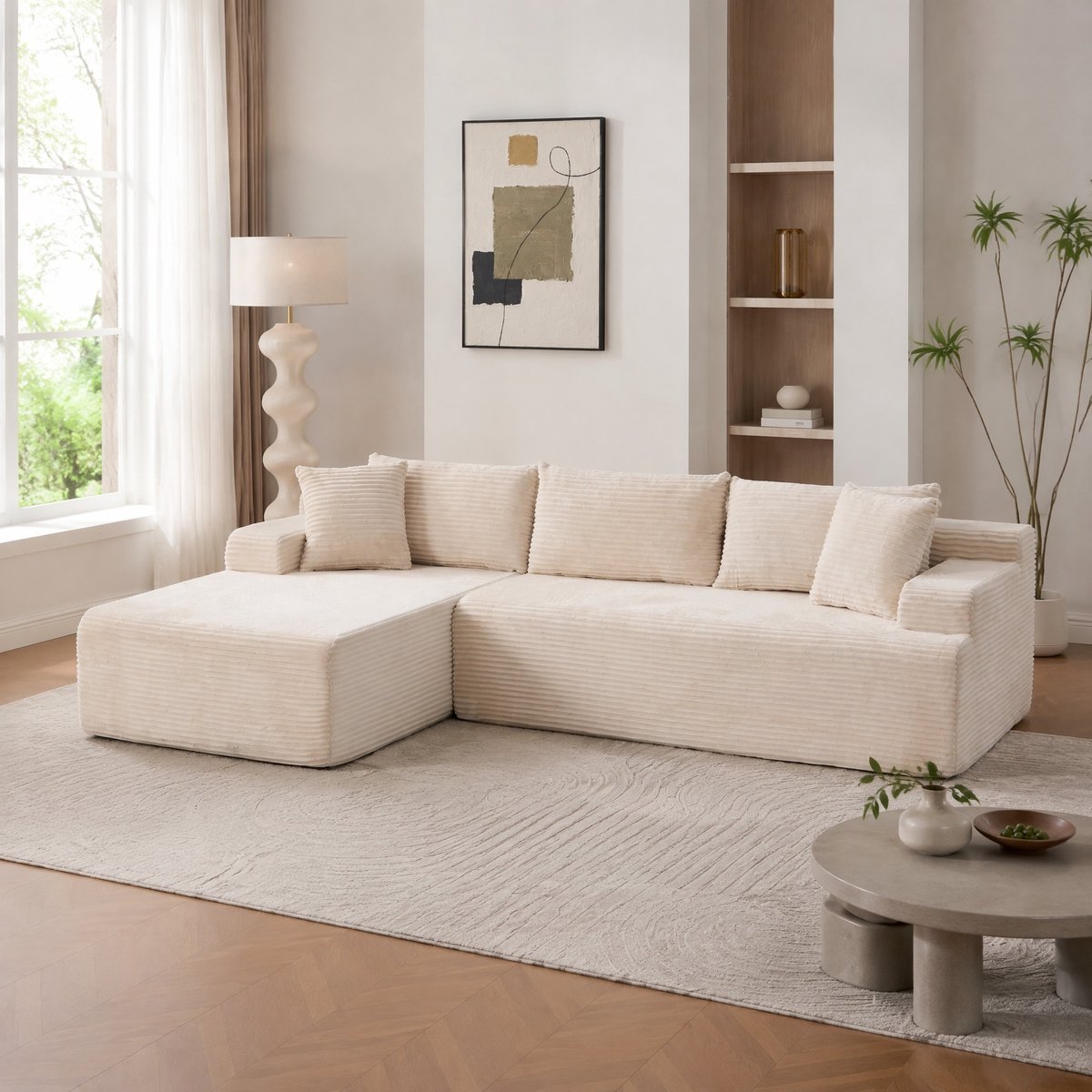MEUNIQ Modulaire hoekbank 272 x 174 x 74,5 cm – 4 zitplaatsen met liggedeelte, chenille bekleding, antislipbodem voor woonkamer – Ivoor Ivory
