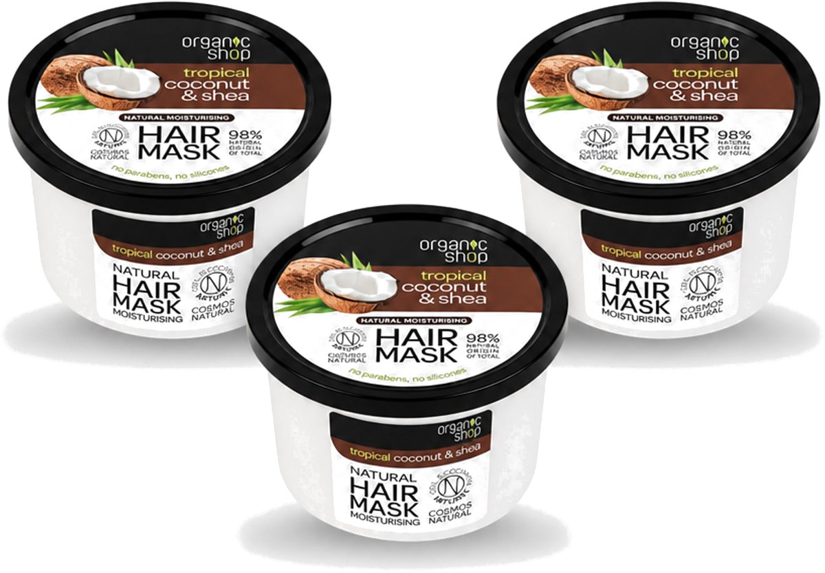 3 x Organic Shop - Haarmasker Coconut & Shea - Verzorgend en Voedend - 250 ml - Voordeelverpakking - 3 stuks