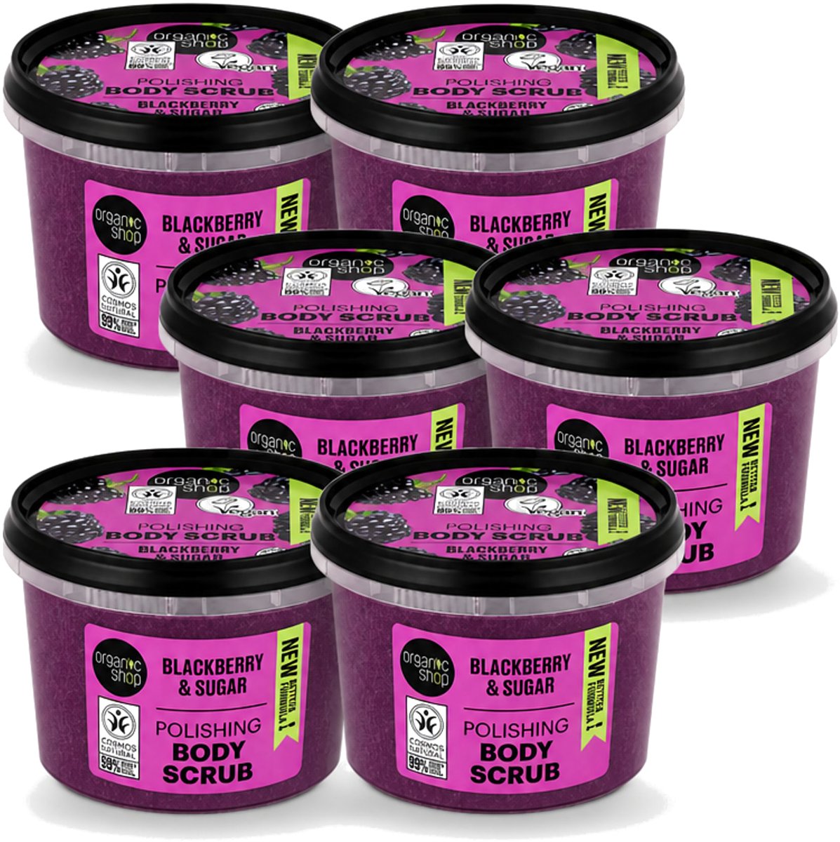 6 x Organic Shop - Body Scrub Blackberry - Verfrissend en Hydraterend - 250 ml - Voordeelverpakking - 6 stuks