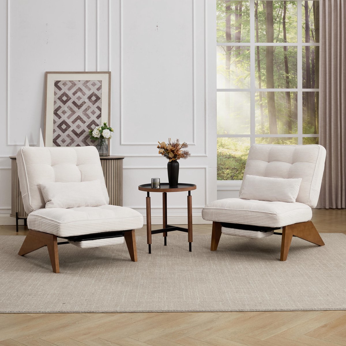 MEUNIQ Relaxfauteuil met handmatig verstelbare rugleuning en uitschuifbare voetensteun, lendekussen, corduroy bekleding en houten poten, 127 x 73 x 90 cm, beige