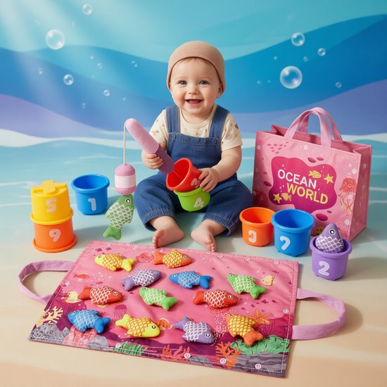 Een lachende baby in een beige muts en blauwe tuinbroek zit met een vissenspel. Op de achtergrond een roze tas met "Ocean World".