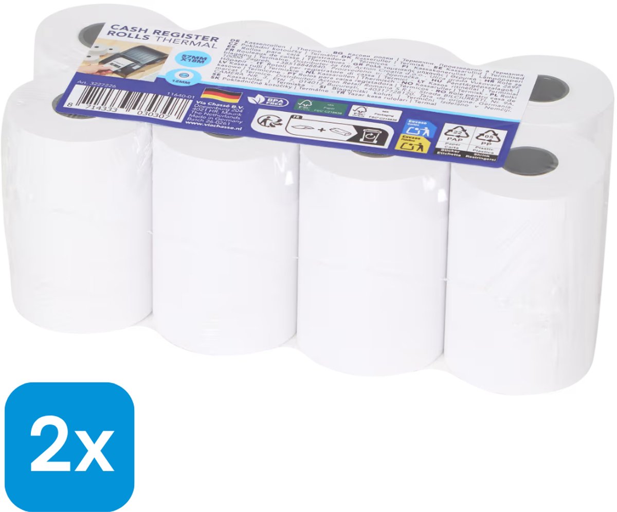 16x Thermische kassarollen - 2x8 stuks - 57 mm x 18 m - Thermisch Papier - Geschikt voor Kassasystemen en Betaalterminals