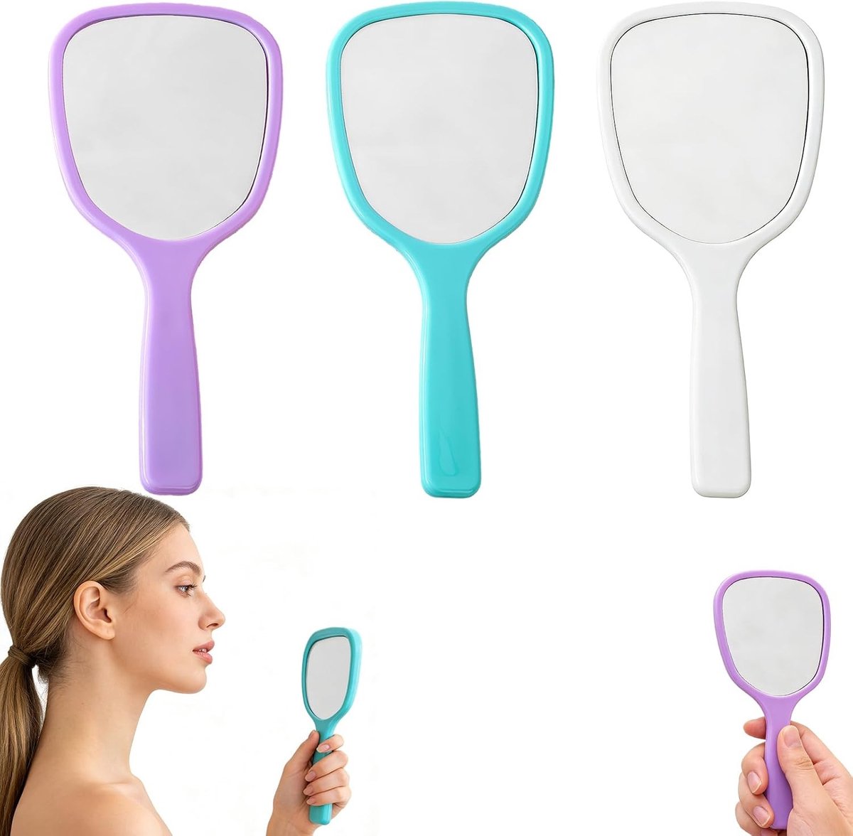 Handspiegel Set van 3 – Compacte Make-up Spiegel voor Reizen – Lichtgewicht en Draagbaar in Wit, Paars en Groen – 18 cm, Perfect voor Beauty en Verzorging