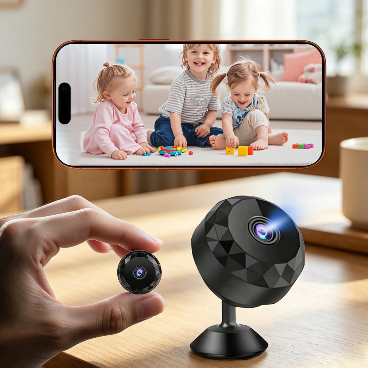 Montagevrije slimme camera, bedraad voeding, HD bewakingscamera met wifi voor externe weergave, multihoek draaibare houder, luxe uitvoering inclusief 32GB geheugenkaart + kaartlezer