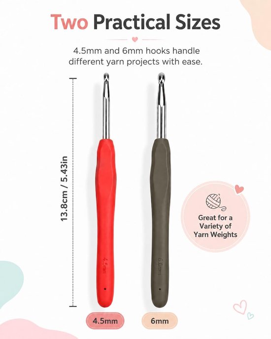Ergonomische Haaknaalden met Zachte Handvatten, Maten 0.5 cm en 0.6 cm, Ideaal voor Beginners en Experts, Perfect voor DIY Creaties en Handwerken — afbeelding 4