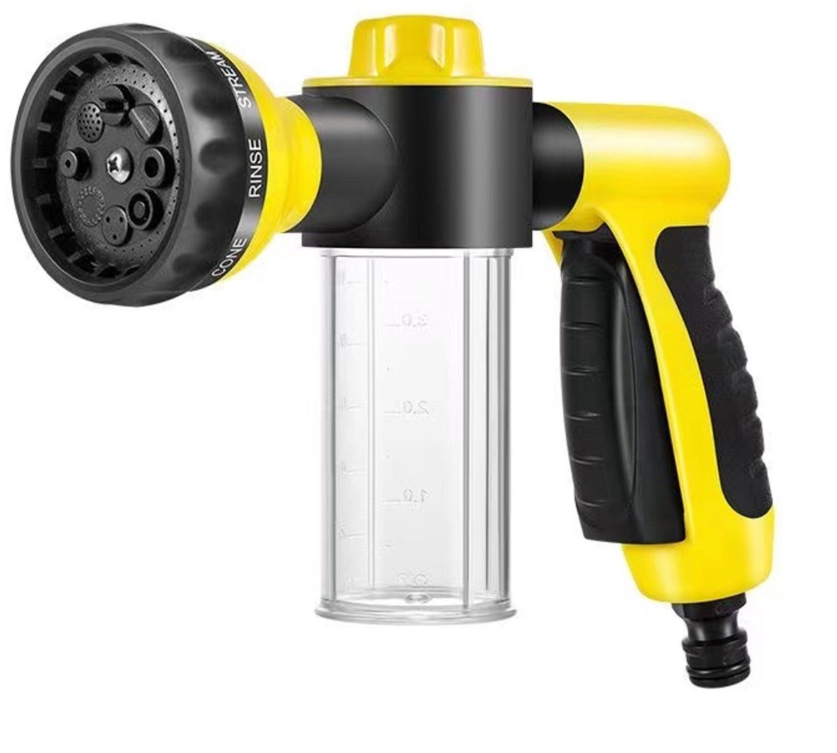 Douchesproeier voor honden – Verbeterde 8-in-1-standen – Hondenshampoosproeier – Inclusief zeepdispenser van 100 ml – Geschikt voor het wassen van huisdieren en het besproeien van gazons, terrassen en auto's – Geel