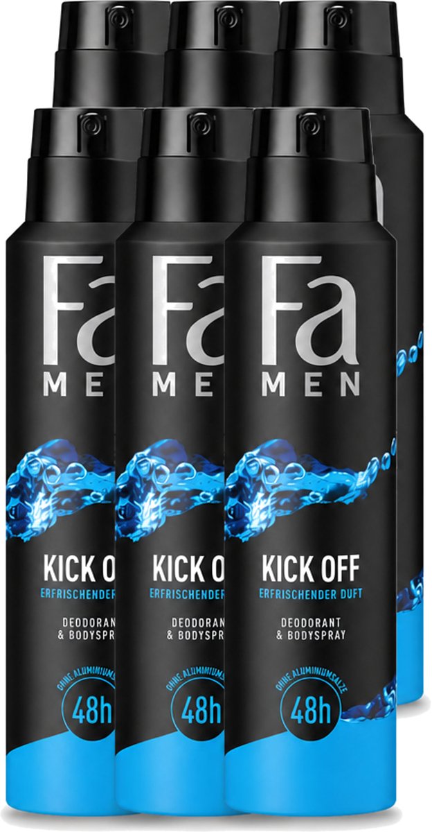 6 x Fa Men - Deodorant Lichaamsspray - Kick-Off - Verfrissend - 48 uur Bescherming - 150 ml - Voordeelverpakking - 6 stuks
