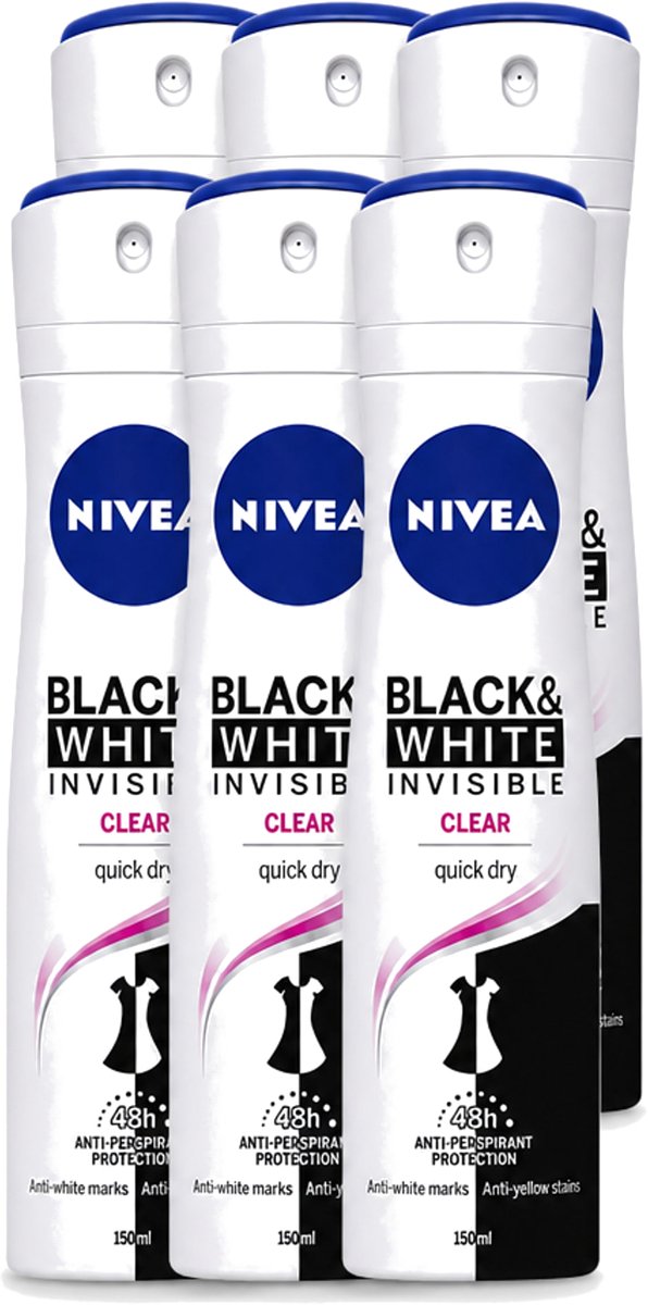 6 x Nivea - Deospray - Invisible Black & White - 48 Uur Lange Bescherming - 150 ml - Voordeelverpakking - 6 stuks