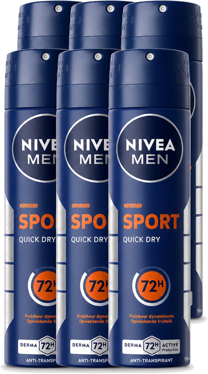 6 x Nivea - Men - Sport - Anti-Transpirant - Deodorant Spray - 150 ml - Voordeelverpakking - 6 stuks