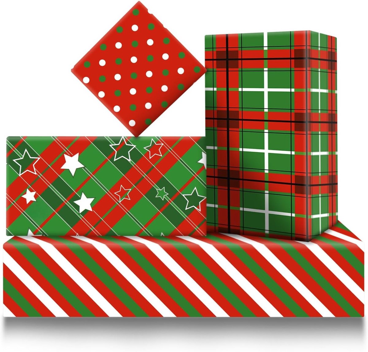 Kerstcadeau inpakpapier met stippen en sterren, 4 vellen 50x71 cm, veelzijdig voor feestdagen en verjaardagen
