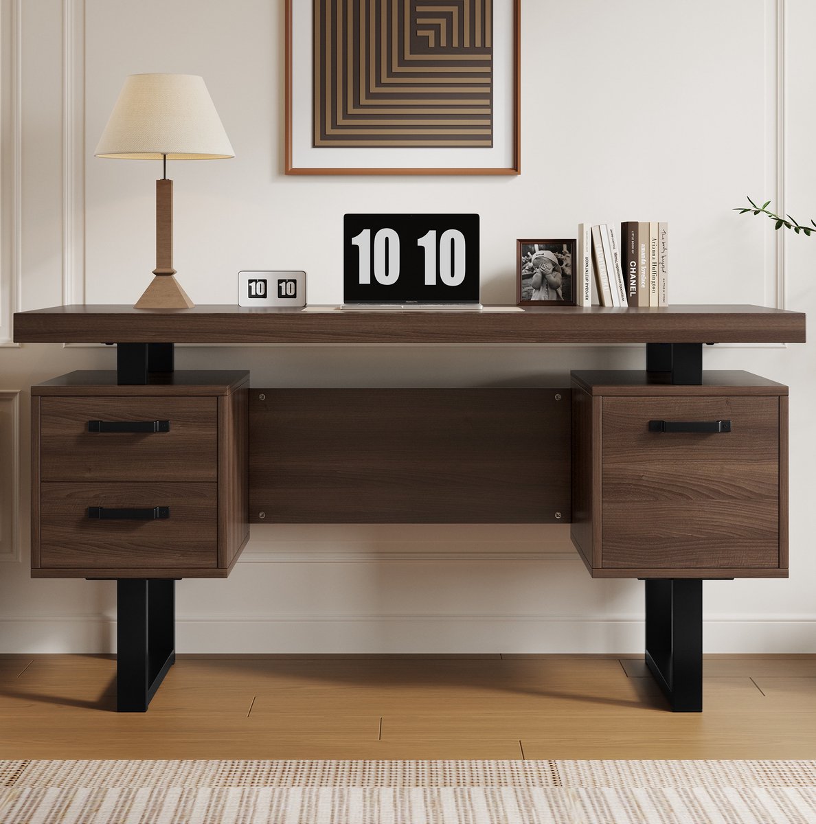 MEUNIQ Bureau 135 x 54 x 76 cm met 2 stille lades en opbergruimte voor ordners, MDF tafelblad en metalen poten, zwart en bruin