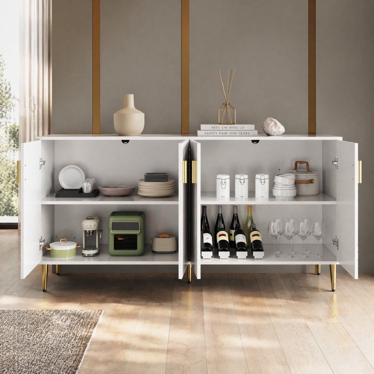 MEUNIQ Dressoir 152 x 40 x 75 cm met 4 deuren, 2 lades, golfdesign en gouden handgrepen en poten voor eetkamer of woonkamer, wit