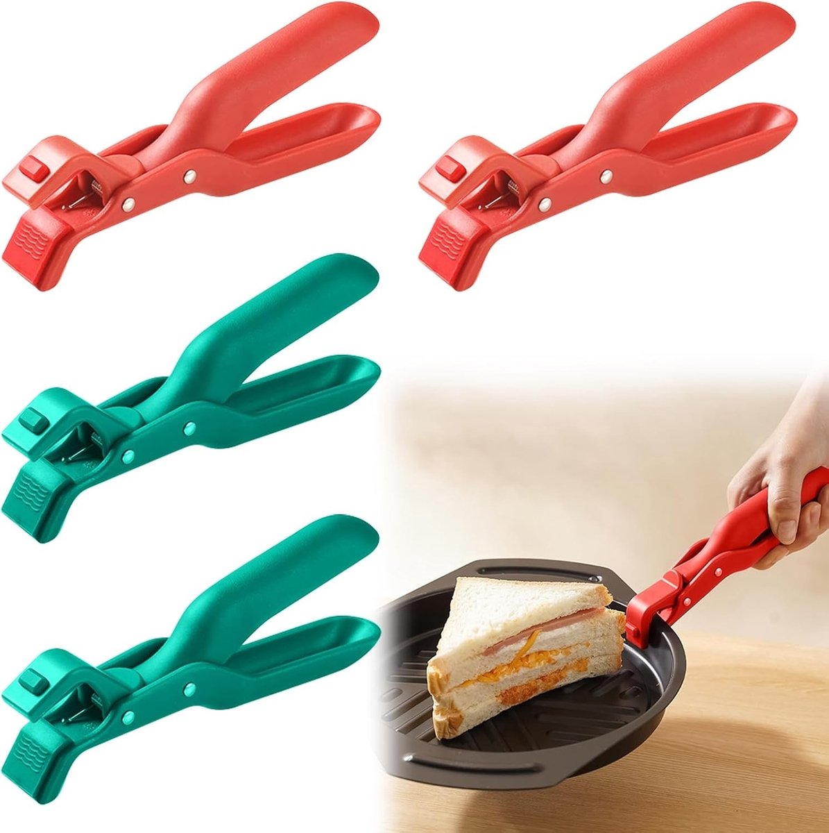 Set van 4 Siliconen Keukentangen, Multifunctionele Tangen voor Vlees en Pasta, Keukenaccessoires in Groen en Rood