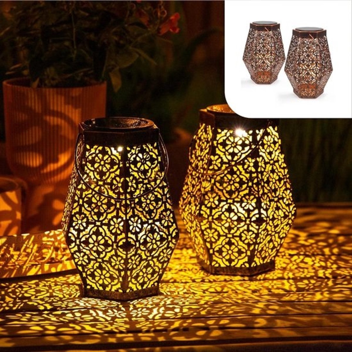 Lantaarn op Zonne-Energie Hexagon - Set van 2 - Tuinverlichting voor Buiten - LED Lamp - Koperkleurig Metaal