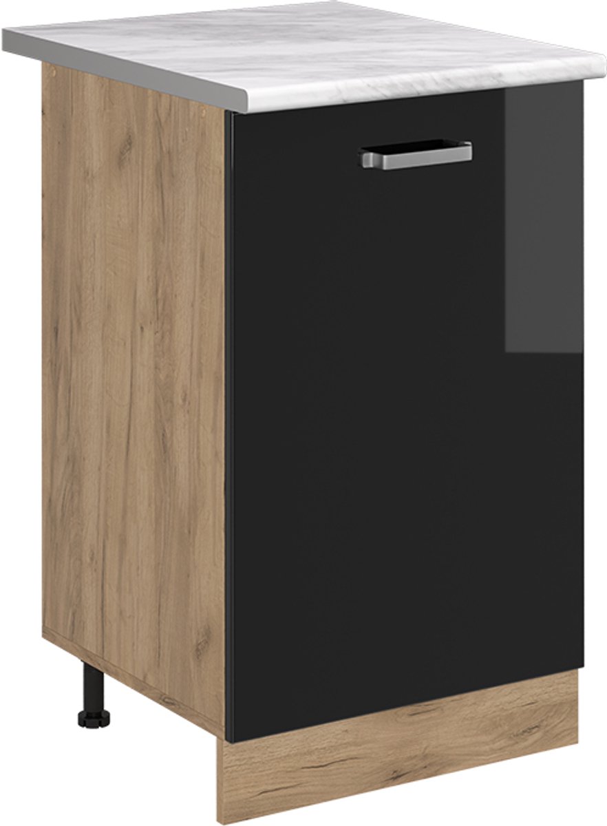 Vicco Keukenonderkast R-Line, Zwart hoogglans/Goudkleurig Eiken, 50 cm marmer werkblad