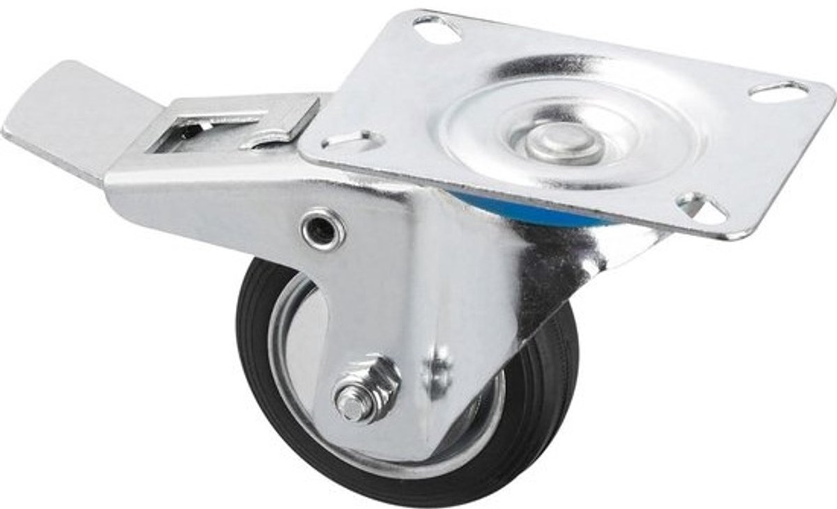 Zwenkwiel Ø 160 mm - vastzetter - 135 x 105 mm plaat - massief rubberen wiel - zacht loopvlak - rollagers - 150 kg draagkracht - transportrol - meubelrol - heavy duty rol - 800920 met rem.