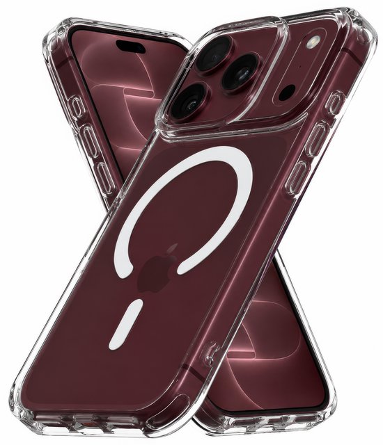 Deux coques transparentes avec anneau magnétique pour iPhone, teinte pourpre, sur fond blanc.