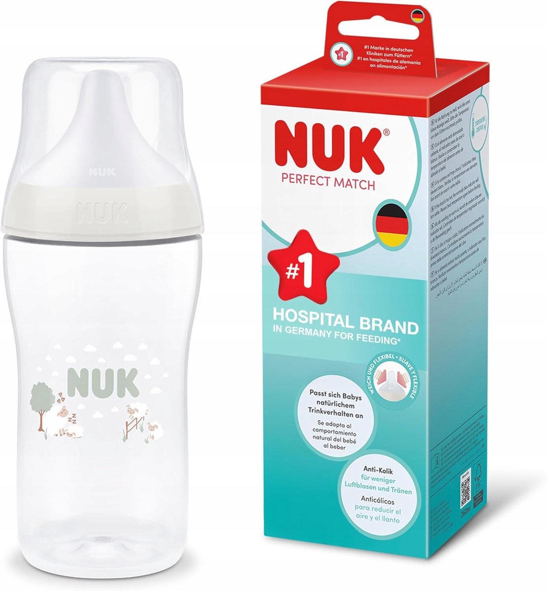 NUK Perfect Match Babyfles 3+ Maanden – 260 ml – Anti-Colic – Temperatuurcontrole – Schaap