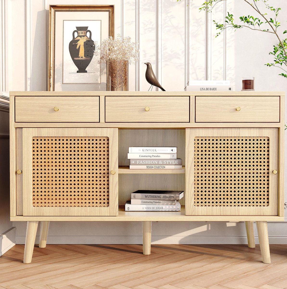 MEUNIQ Dressoir 120 x 40 x 78 cm met 3 lades, 3 schuifdeuren, verstelbare planken en rotan deurfronten voor woonkamer, eikenkleur