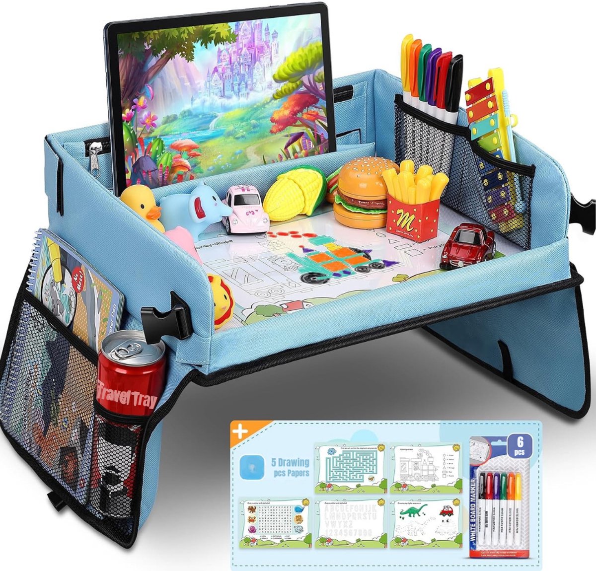 Levo® Reistafel voor Kinderen - Tablethouder - Inklapbare Autotafel - Speeltafel Auto Met Zijvakjes - Opvouwbare Reistafel - Rood/Blauw - 40cm x 34cm x 3cm