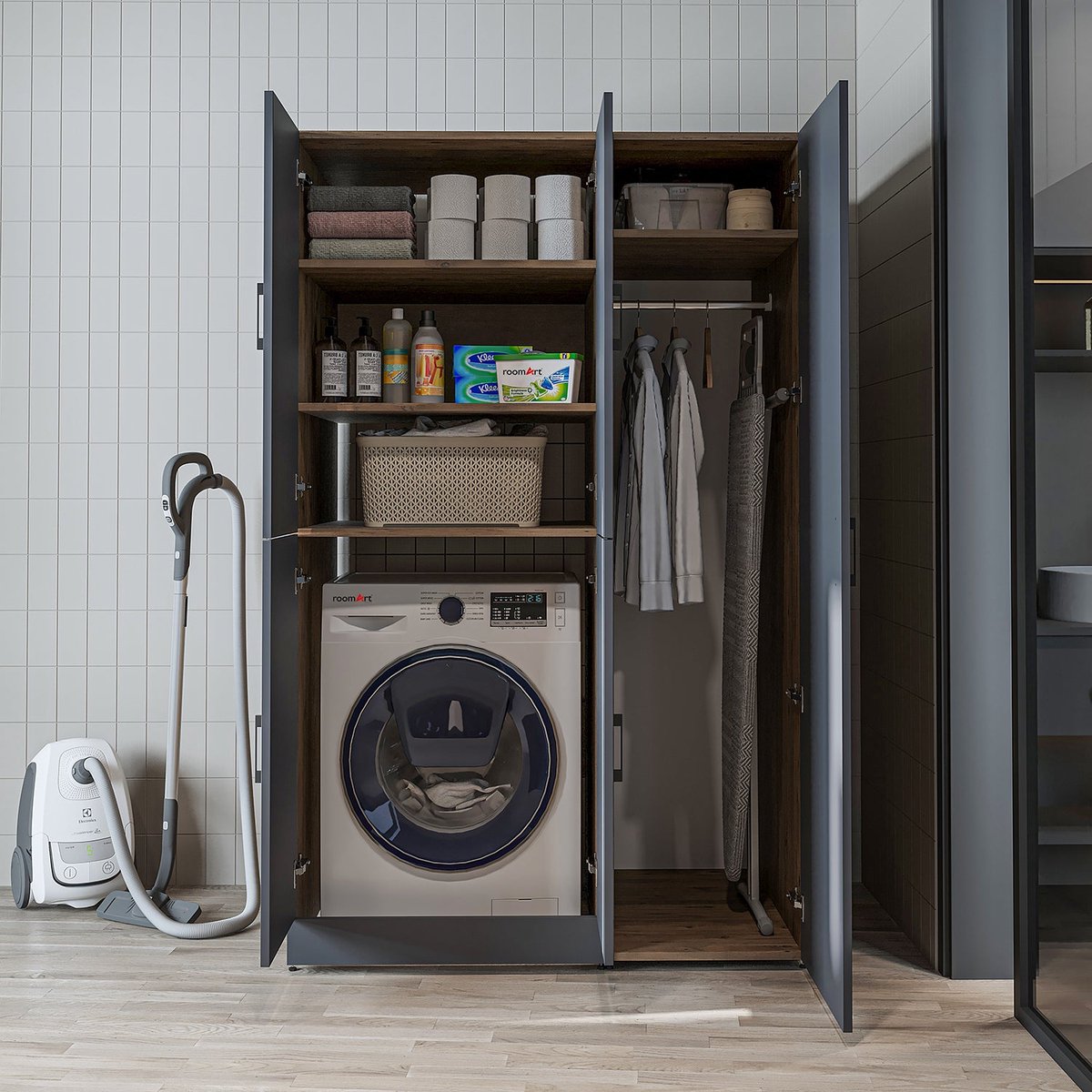 Roomart DORA-II Wasmachine Ombouwkast 115x186 cm - Antraciet Eiken