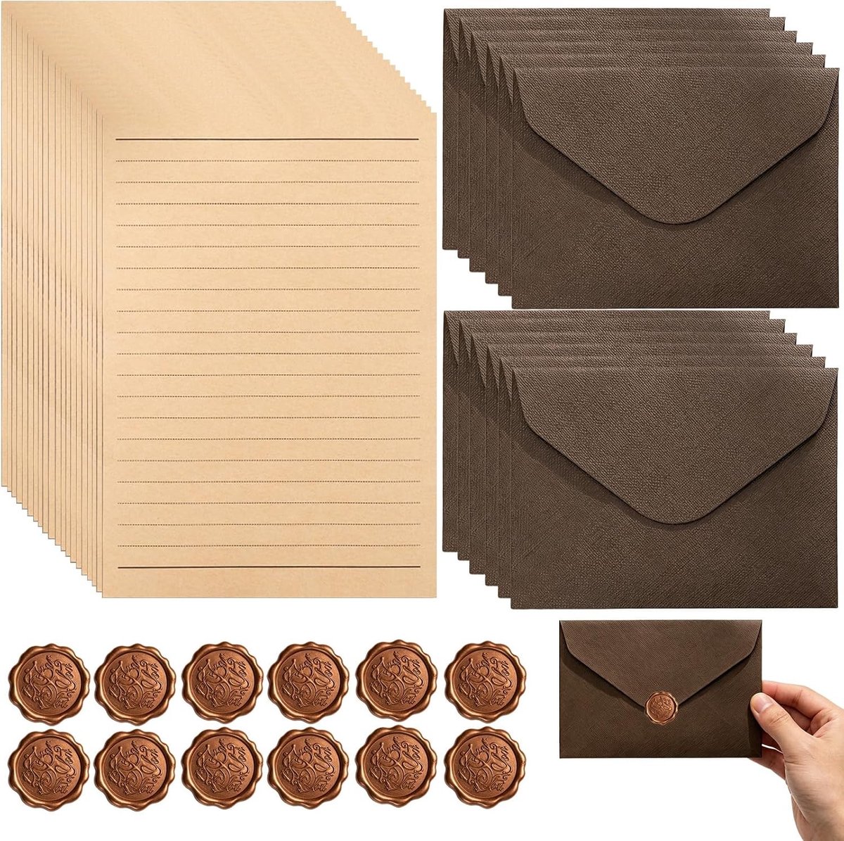 Vintage Briefpapier Set met 12 Enveloppen, 20 A5 Schrijfpapier en 12 Waszegels - Luxe Kraft Papier voor Bruiloften, Verjaardagen en Persoonlijke Brieven - Coffee Bruin