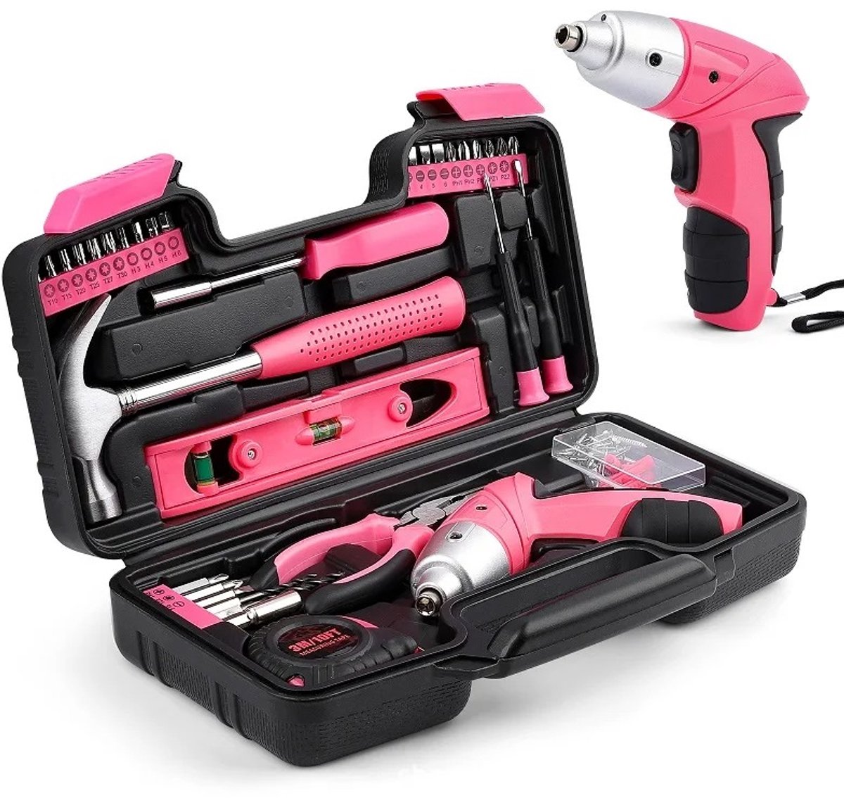 G&G roze gereedschapset in koffer - Boormachine met accu - Schoefmachine - Punttang - Waterpas - Schroefbitset - Boorset - Hamer