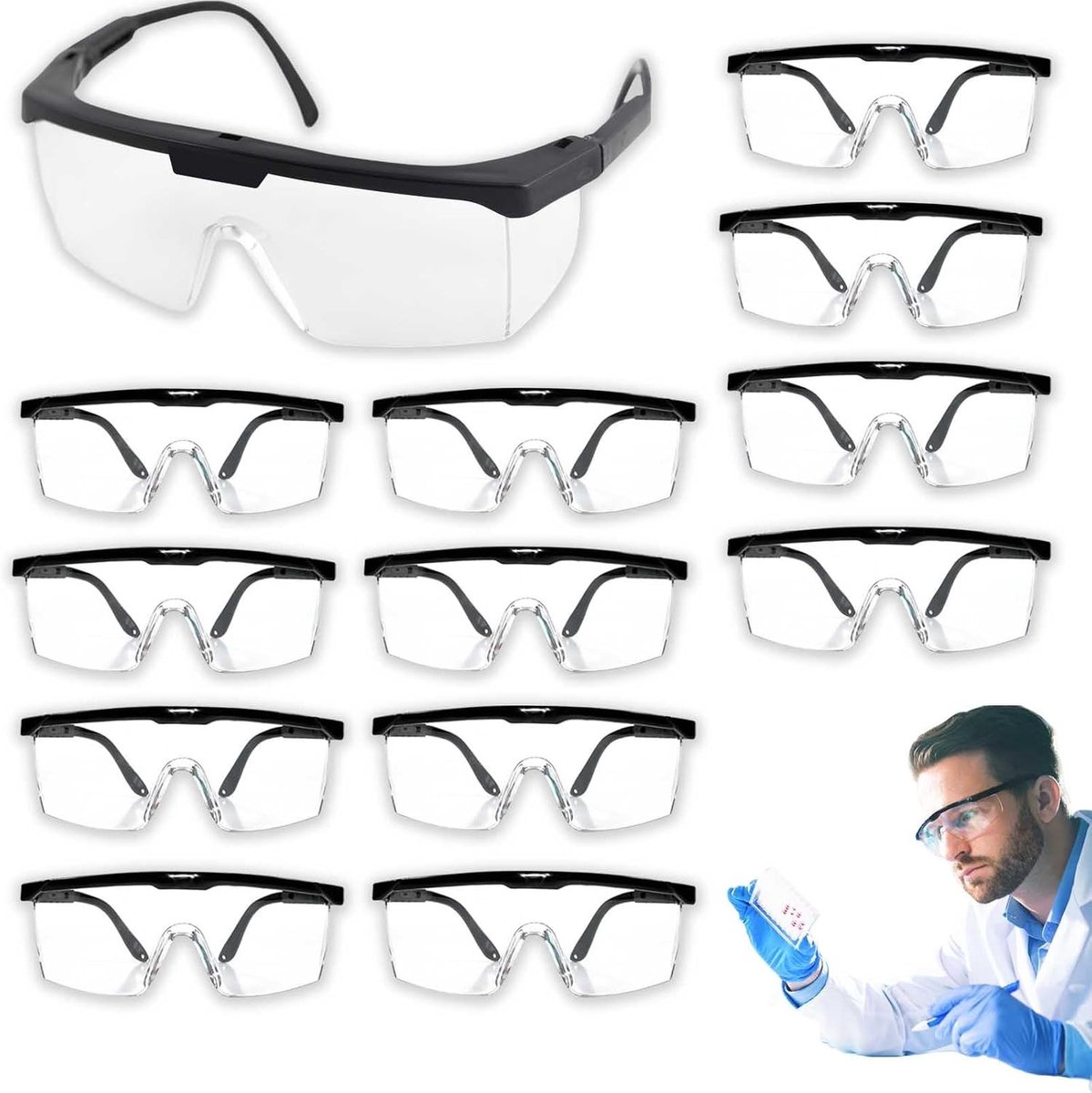 Set van 12 Veiligheidsbrillen, Anti-Stof Goggles, Verstelbare Veiligheidsbrillen met Anti-Kras en Anti-Vogels Lens voor Optimale Bescherming en Comfort