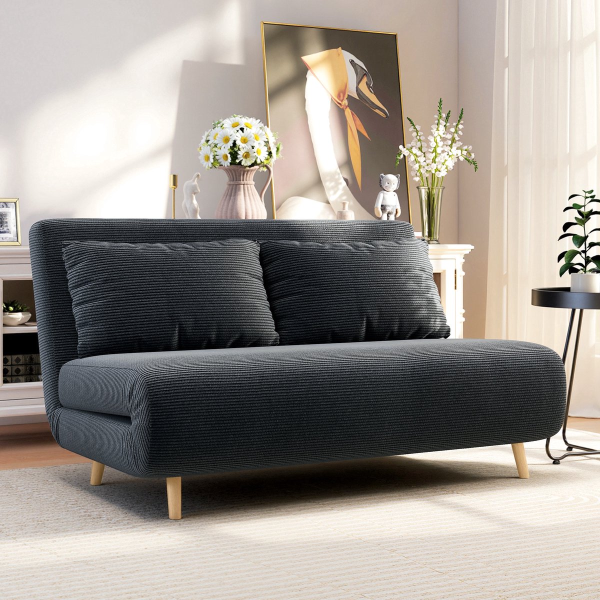 ECTEATOY® Slaapbank 2-in-1 - met 3-voudig verstelbare rugleuning - ribstoflook - 141 x 90 x 81 cm -Max. 120 kg - Donkergrijs