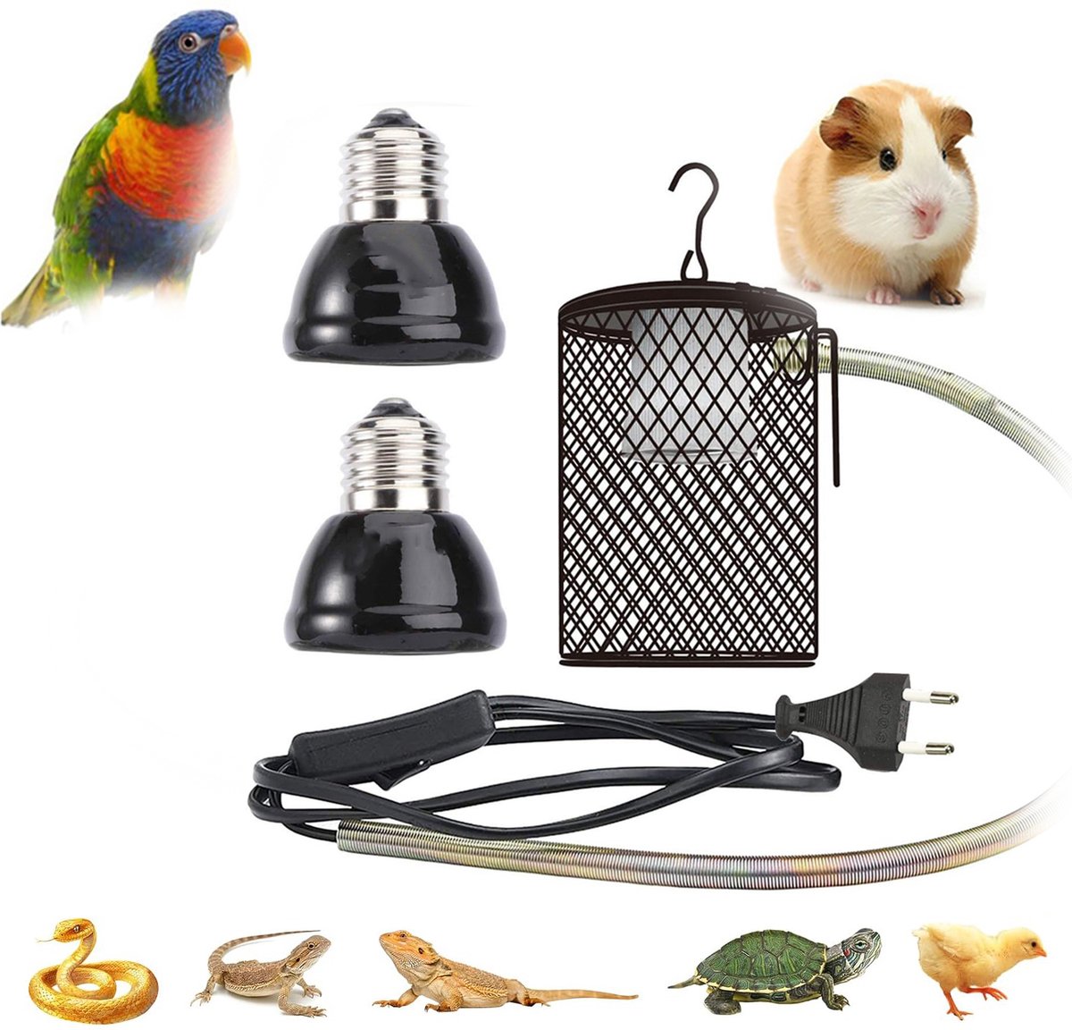 Keramische Verwarmingslamp Voor Reptielen, Lampenkap Met Anti-Verbrandingsbescherming, Hangende Dierenkooi, 24 Uur Per Dag Continue Verwarming.
