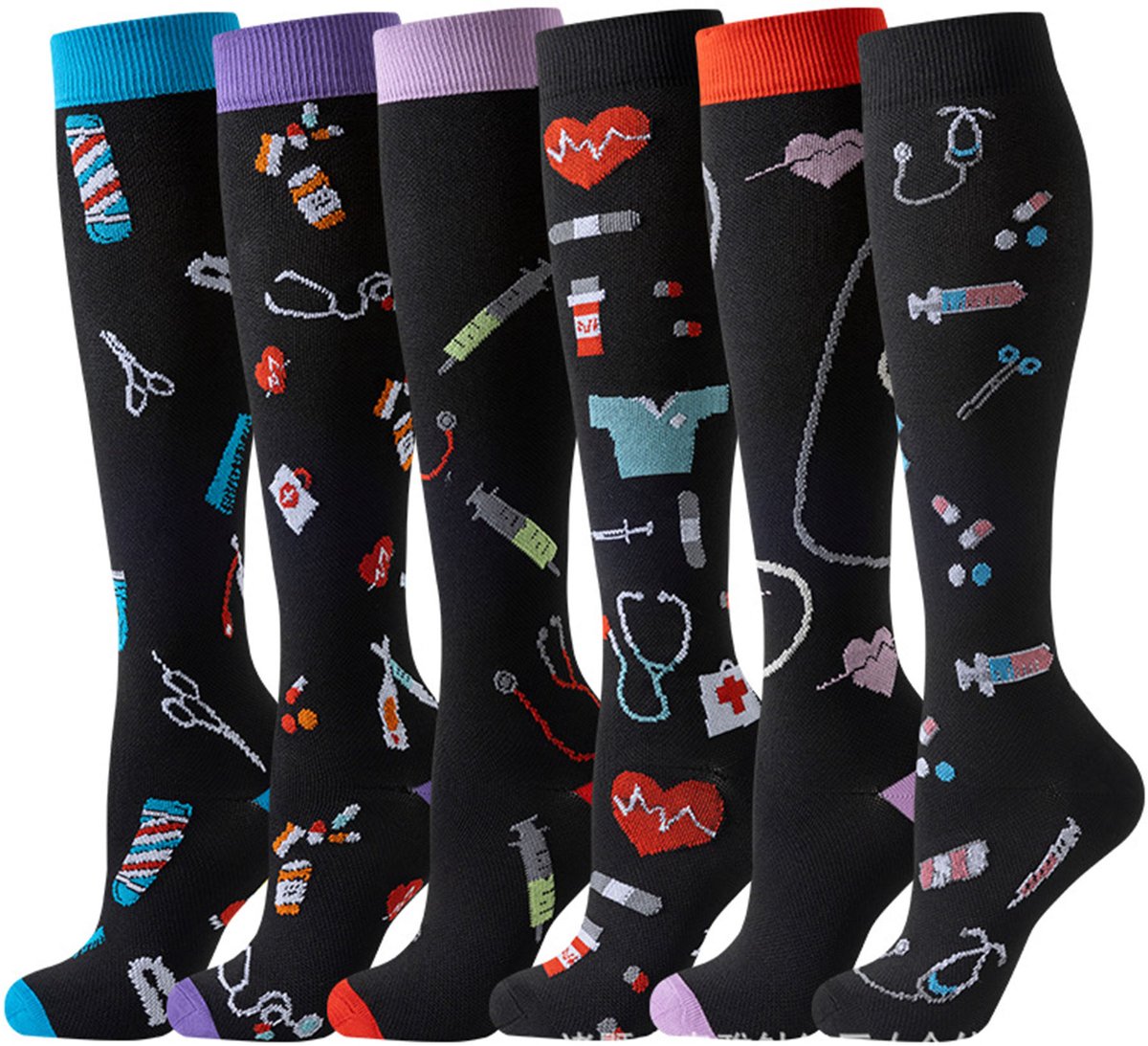 Compressiekousen 6 paar - 15-30 mmHg compressiekousen - steunkousen voor dames en heren - voor vliegen - sport - hardlopen - wielrennen - verpleegkundigen en zwangerschap - Kleurrijke steunkousen met graduele compressie - bevorderen de bloedsomloop