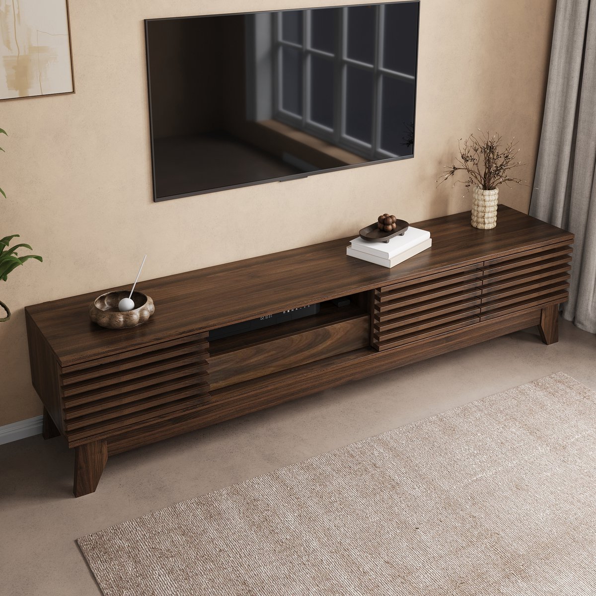 TV Meubel - TV Kast en TV Lowboard met Geribbelde Fronten, 3 Deuren, Lade en Open Vakken, MDF Woonkamerkast 170x35x40 cm - Walnoot