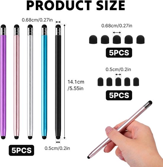 5 stuks touchscreen-pen, tabletpen voor vele tablets, 2-in-1 stylus pen met 10 siliconen punten, touchpen voor smartphone, mobiele telefoon en capacitieve schermen, compatibel met Switch/iPad/Android — afbeelding 2
