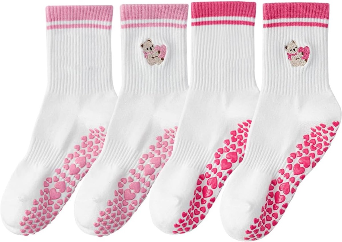 Yoga-sokken voor dames, antislip, 2 paar, middelhoge pilatessokken met ABS-noppen, schattige diermotieven, stoppersokken voor fitness, barre, dans, gymnastiek, maat 35-42