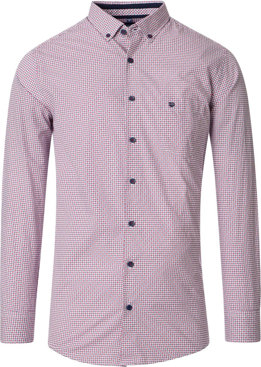 Redmond comfort fit overhemd - popeline - wit - rood - donkerblauw dessin