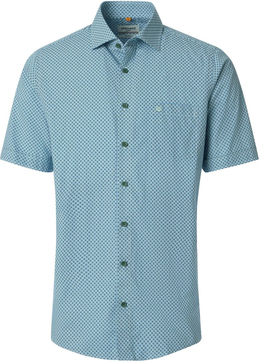 Redmond modern fit overhemd - korte mouw - popeline - lichtblauw - donkerblauw - groen dessin