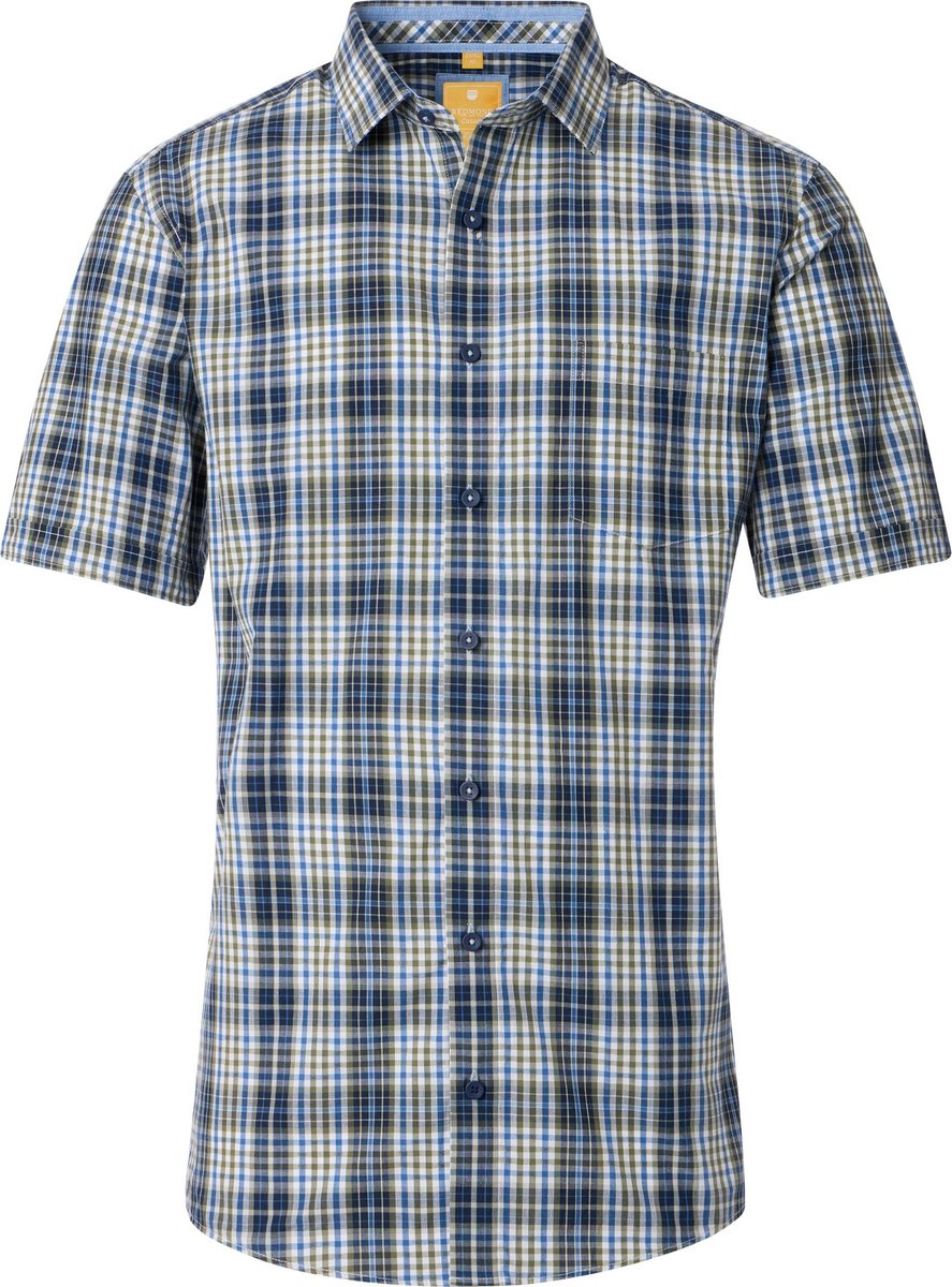 Redmond modern fit overhemd - korte mouw - dobby - blauw - wit - groen geruit