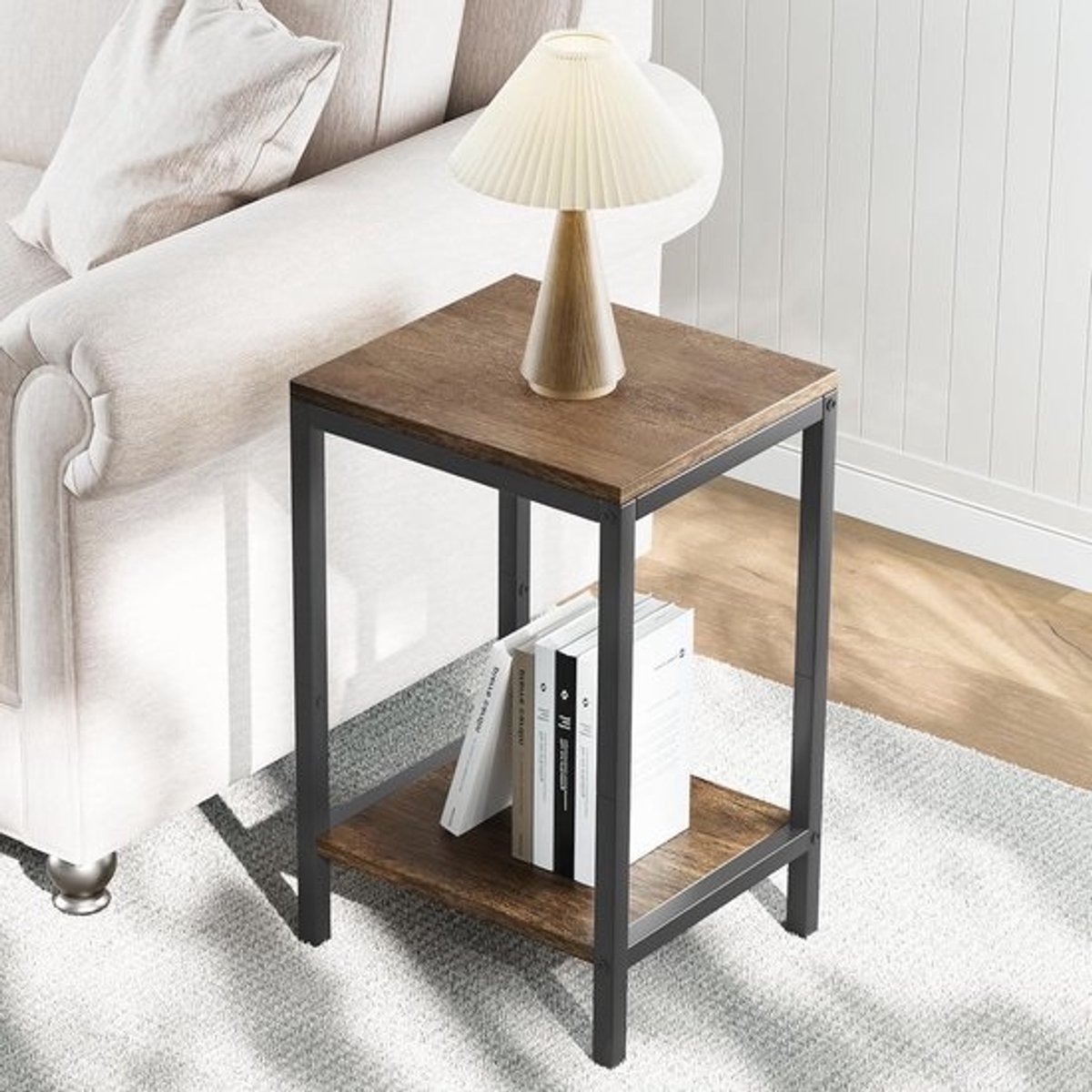 Houten Bijzettafel met Opslag en Metal Frame - Verstelbare Voeten en 2 Niveaus