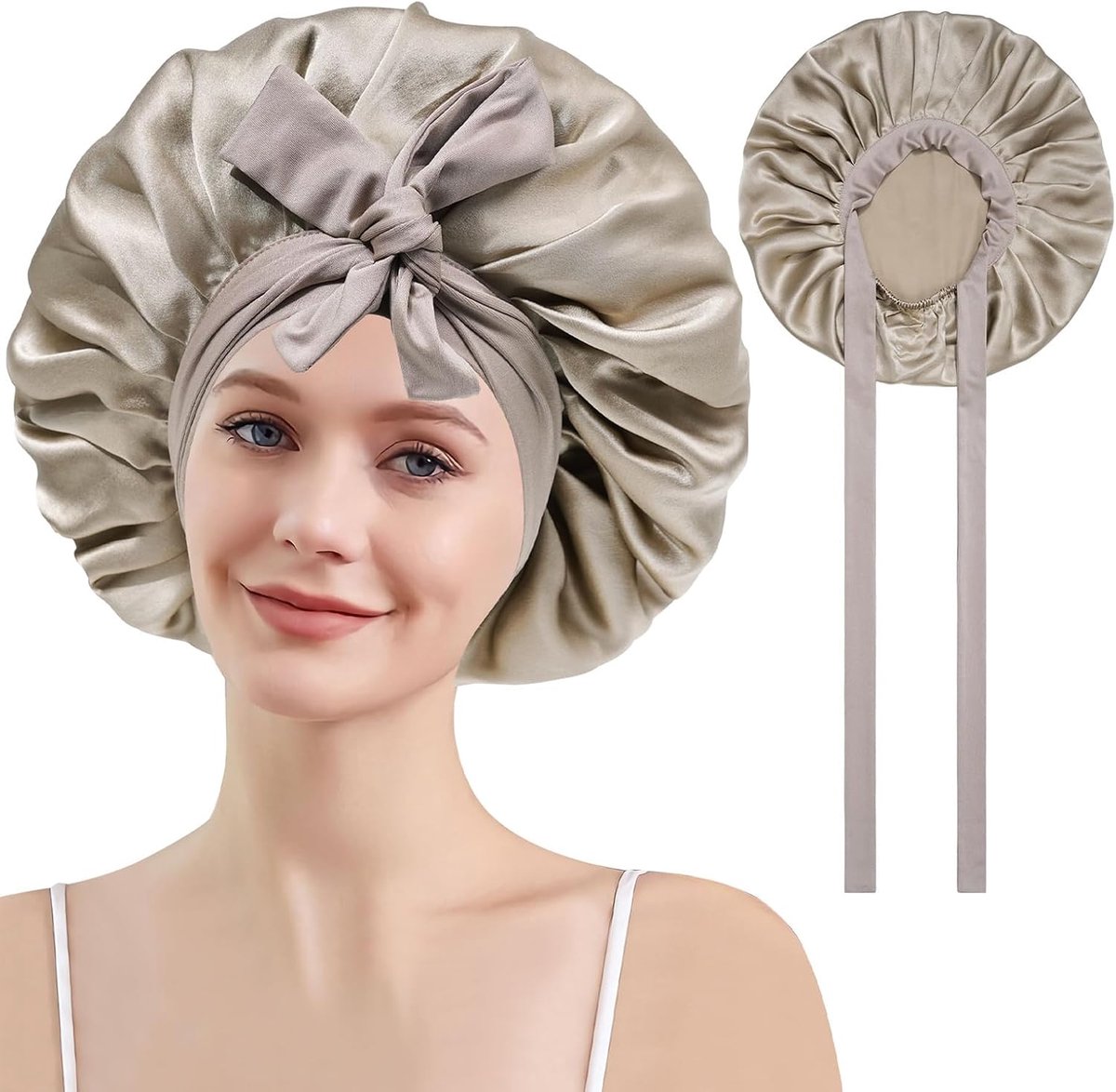 zijden slaapmuts voor dames - 100% zijden bonnet slaapmuts Zijde haarmuts voor de nacht Zijden bonnet slaapkap, lichtbruin, Einheitsgröße