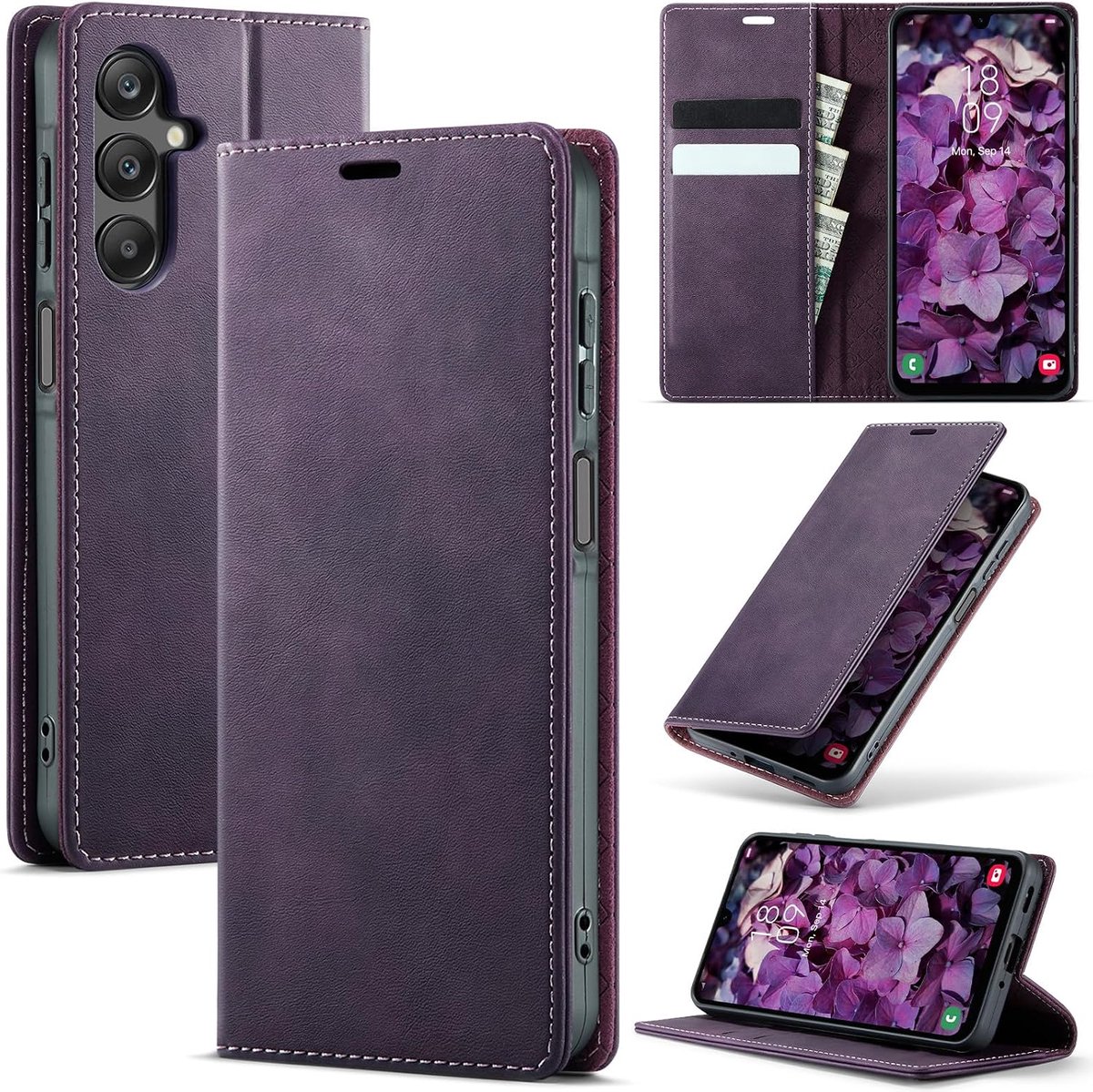 Hoesje voor Samsung Galaxy A16 5G/4G, magnetische Flip case, opvouwbaar standfunctie Cover beschermhoes met kaartsleuf en portemonnee, leren hoes voor Samsung Galaxy A16, Paars