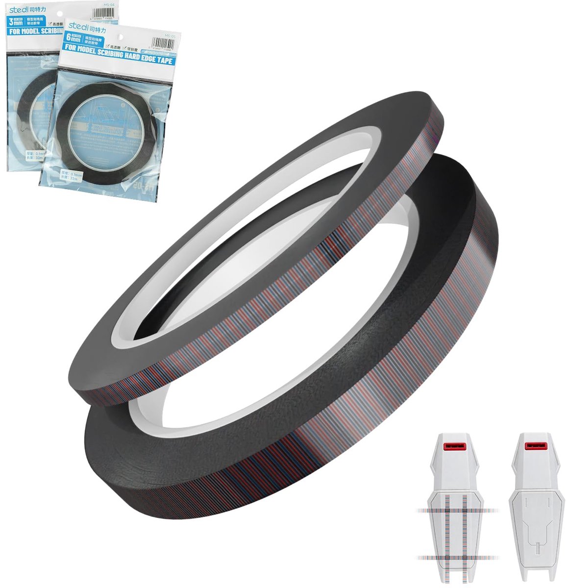 stedi Hobby Precision Scribing Tape met Bedrukte 1mm Schaalliniaal,3 mm+6mm | Zelfklevende Afplakband voor Snijwerk, Gegraveerde Lijnen, Paneellijn, Gundam & Schaalmodel, 2 stuks
