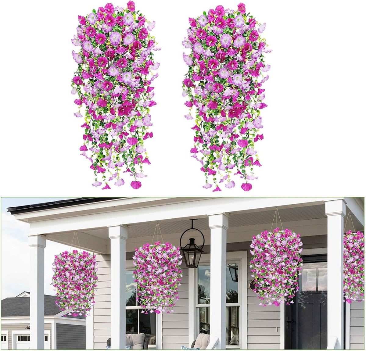 Kunstbloemen, hangend, 75 cm, kunstbloemen zoals echte kunstbloemen voor buiten, rozenrood + lichtpaars, kunstbloemen als echt hangend voor de hangmand buiten, balkon, tuin