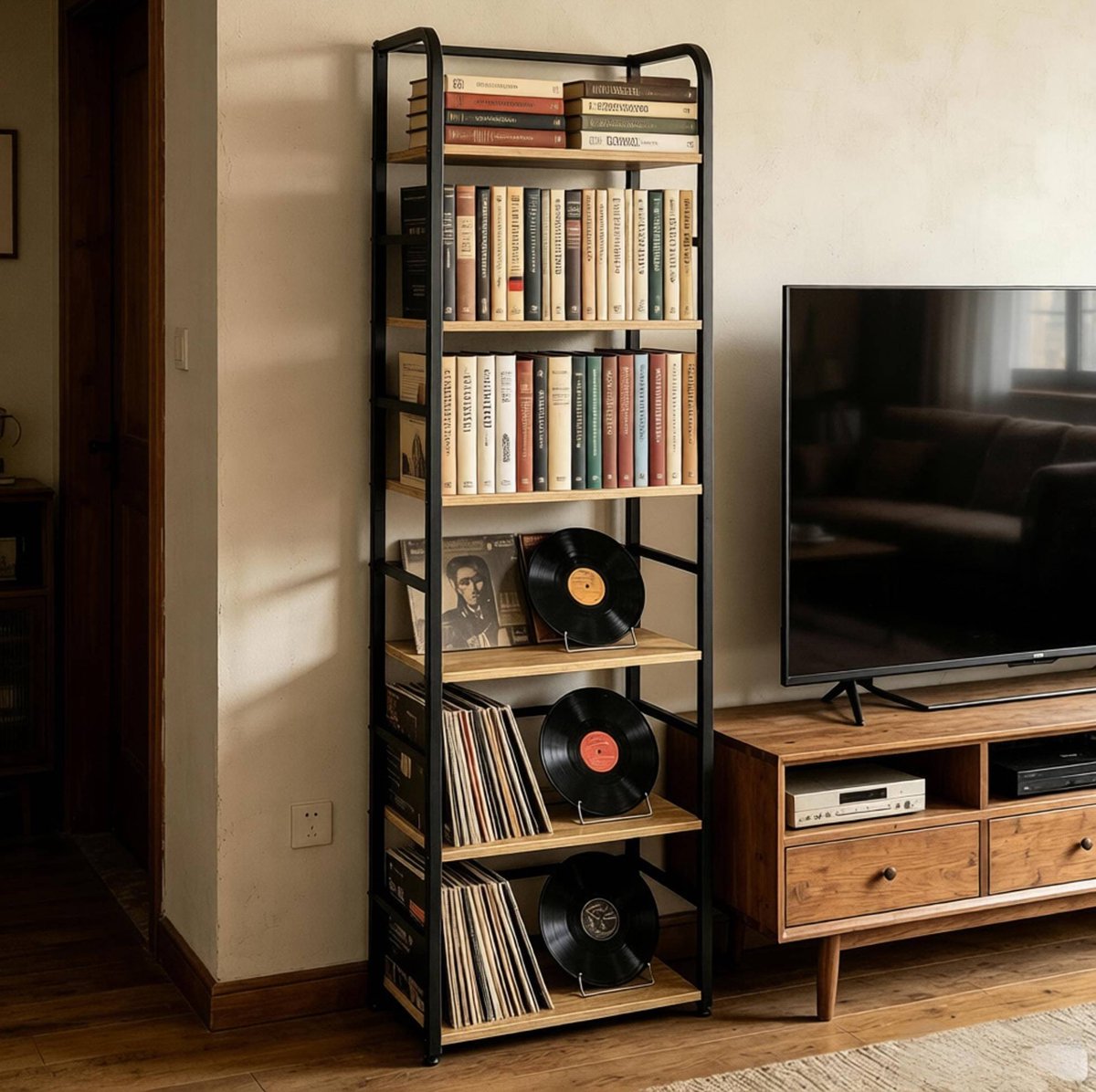 MEUNIQ Boekenkast met 6 open planken – 50 x 30 x 176 cm – MDF en metalen frame – opbergrek en displayrek voor woonkamer of werkkamer – zwart en licht eiken