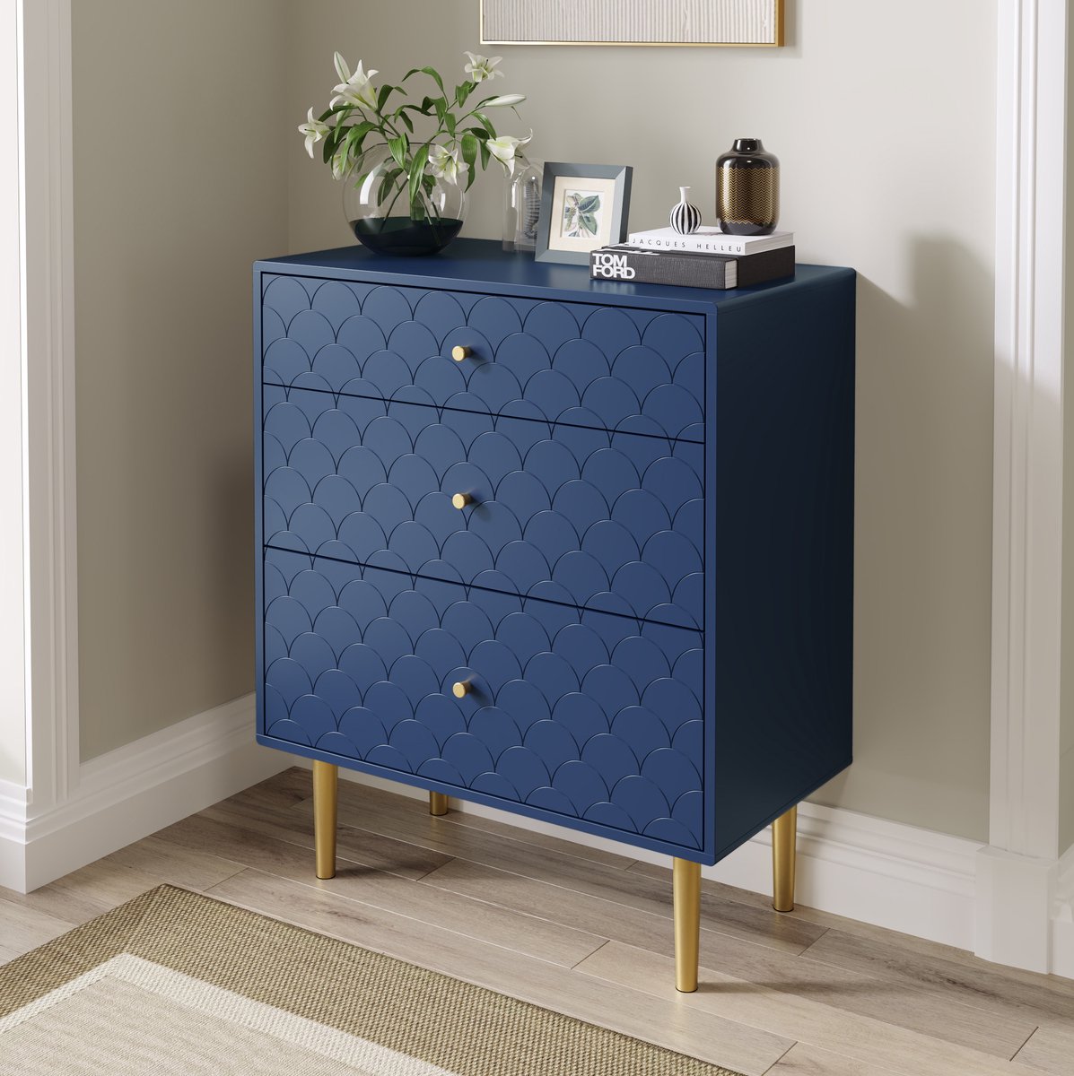 MEUNIQ Ladekast met 3 lades 75 x 40 x 89 cm – marineblauwe kommode met visschubmotief en champagnekleurige metalen poten voor slaapkamer en woonkamer