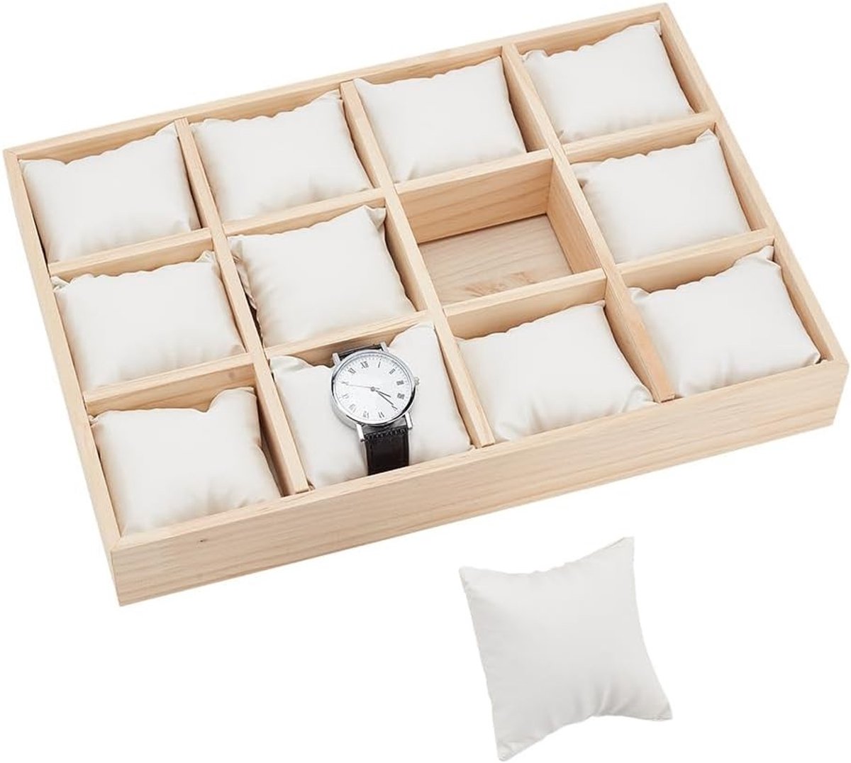 Houten Horloge Organizer met 12 Vakken, Verwijderbare PU Leren Kussens, Stapelbare Sieradenopberger en Ladeopslag voor Horloges en Armbanden, Wit