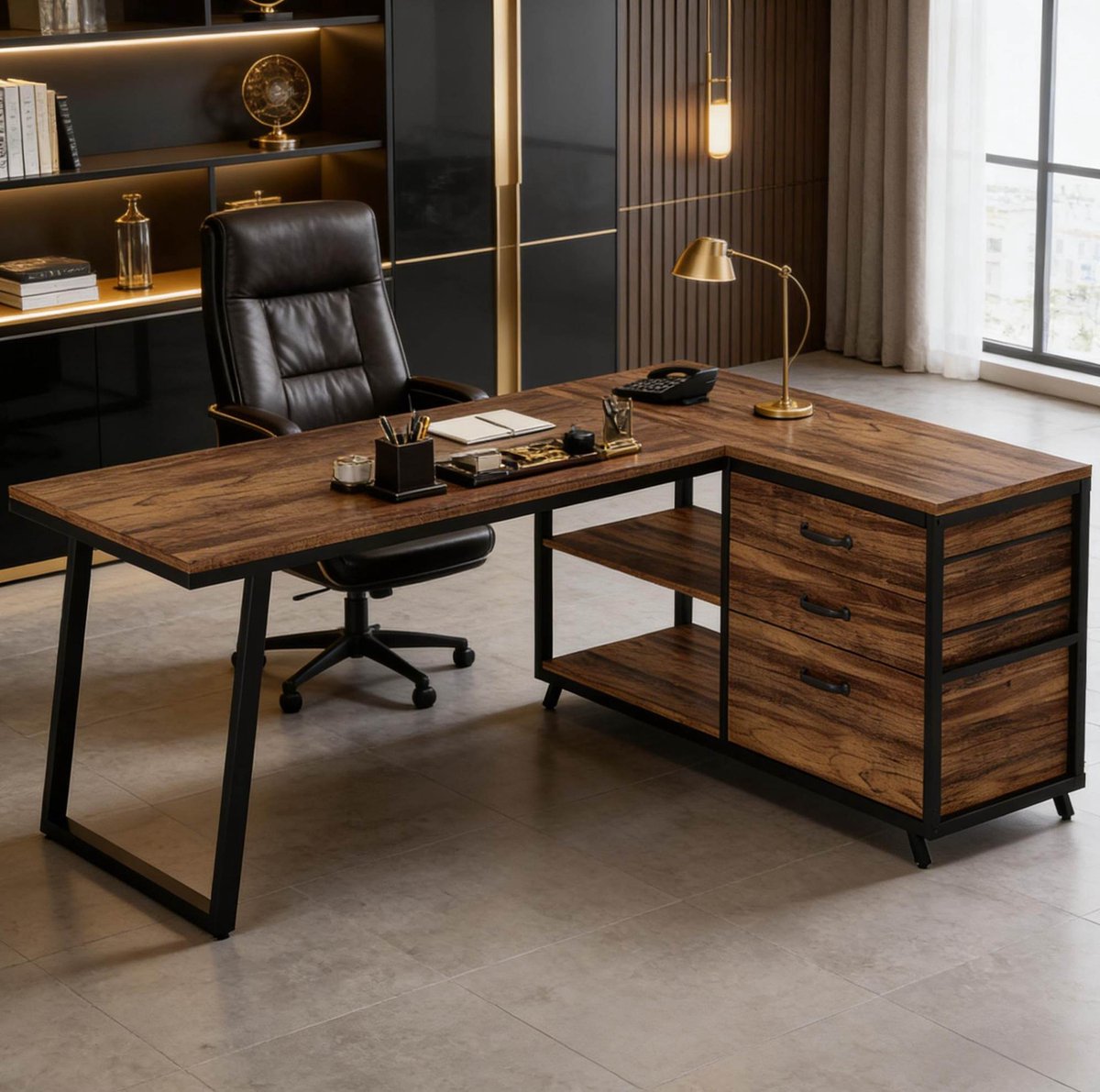 MEUNIQ L-vormig hoekbureau 135 x 100 x 75 cm met 3 lades, 2 open vakken en omkeerbare opbergkast – computerbureau voor thuiskantoor – zwart en bruin