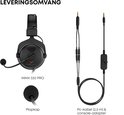 Zwarte Beyerdynamic MMX 330 PRO headset met microfoonkapje, PC-kabel en console-adapter.